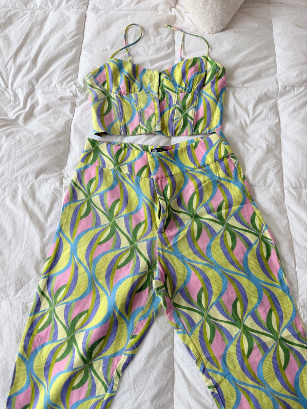 Zara Multicolor Swirl Print Crop Top & Pants Set - Green, Pink, Blue, Yellow